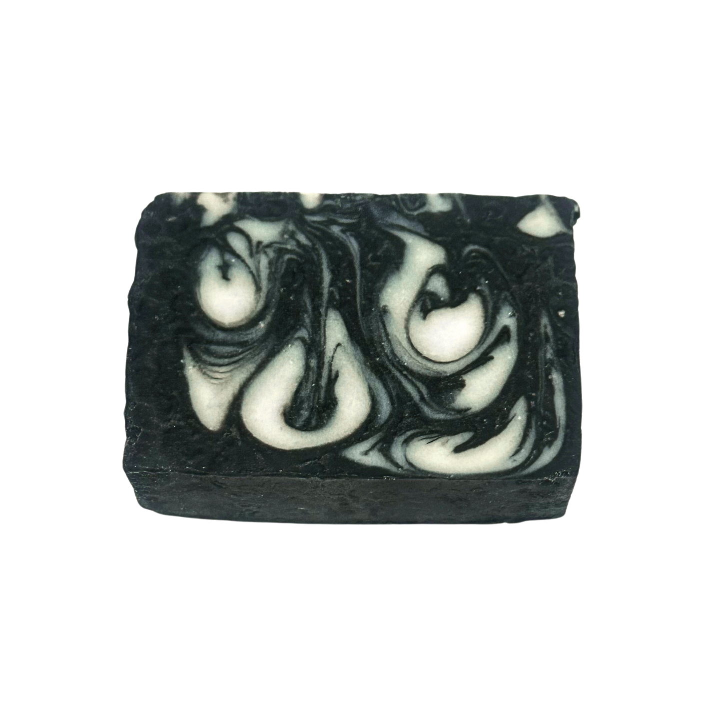 Black and white swirled soap bar on a white background
