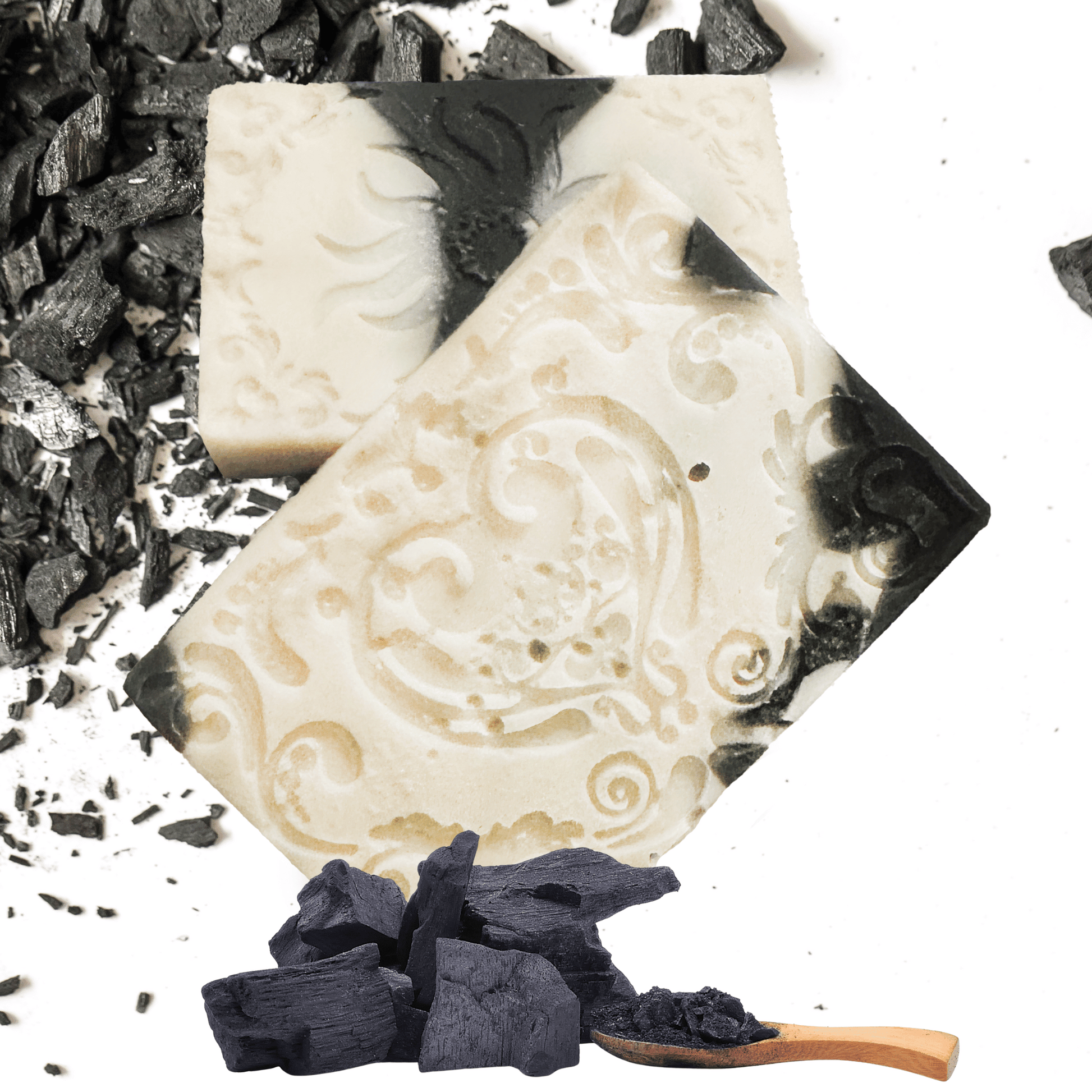 Decorative red and black soap with intricate design white background.