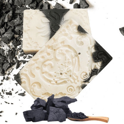 Decorative red and black soap with intricate design white background.