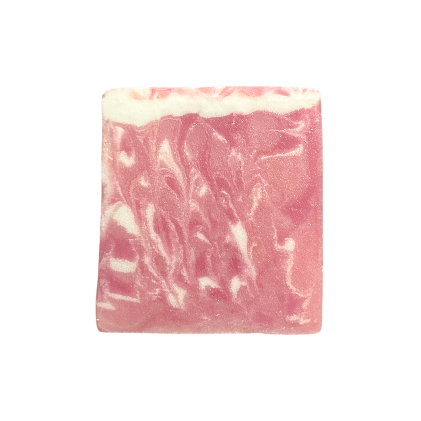 Pink and white swirled soap bar on a white background