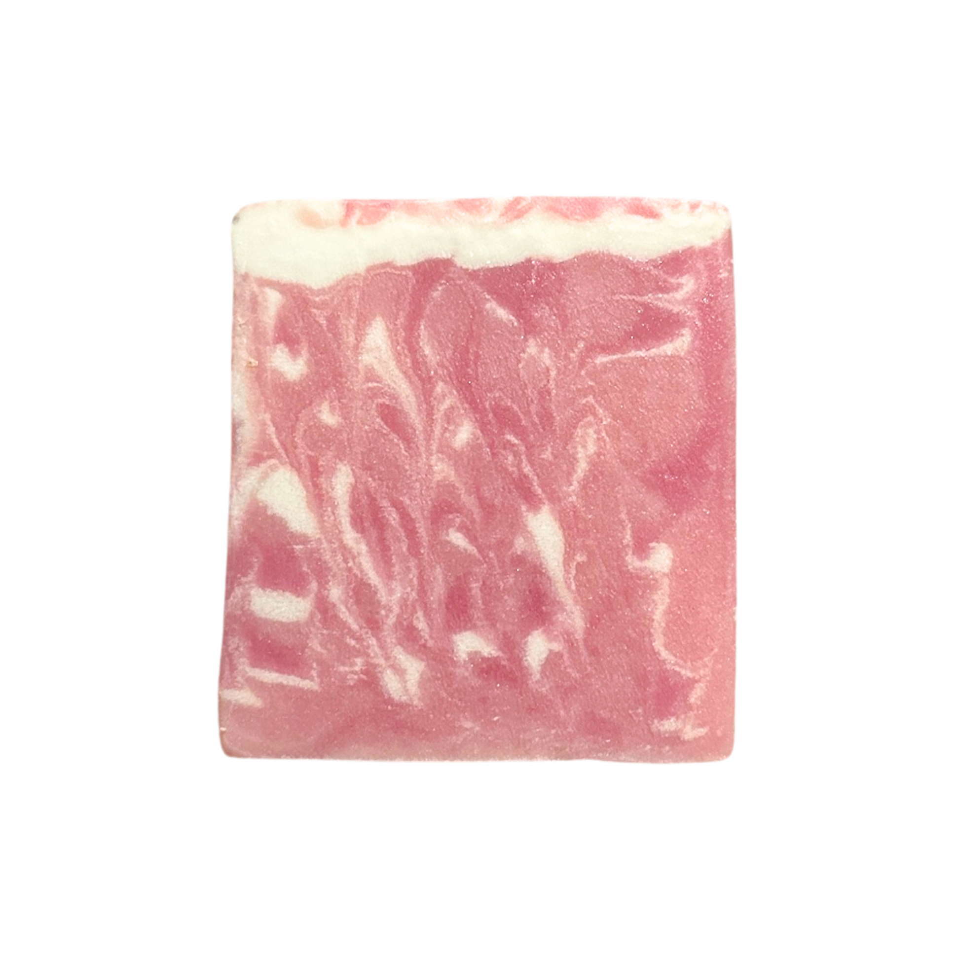 Pink and white swirled soap bar on a white background