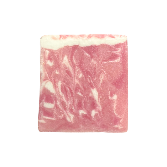 Pink and white swirled soap bar on a white background