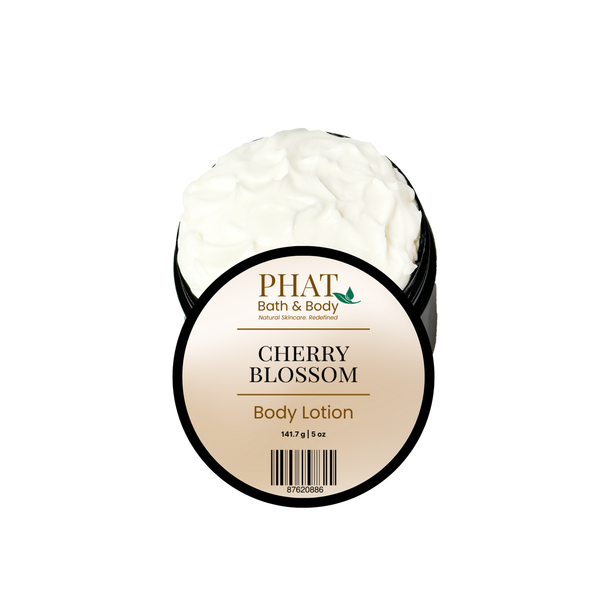 Phat Bath & Body Cherry Blossom 5 oz Body Lotion in an open black jar with labeled lid and rich white moisturizing lotion.