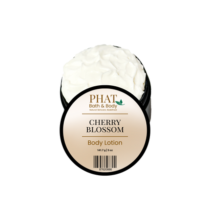 Phat Bath & Body Cherry Blossom 5 oz Body Lotion in an open black jar with labeled lid and rich white moisturizing lotion.