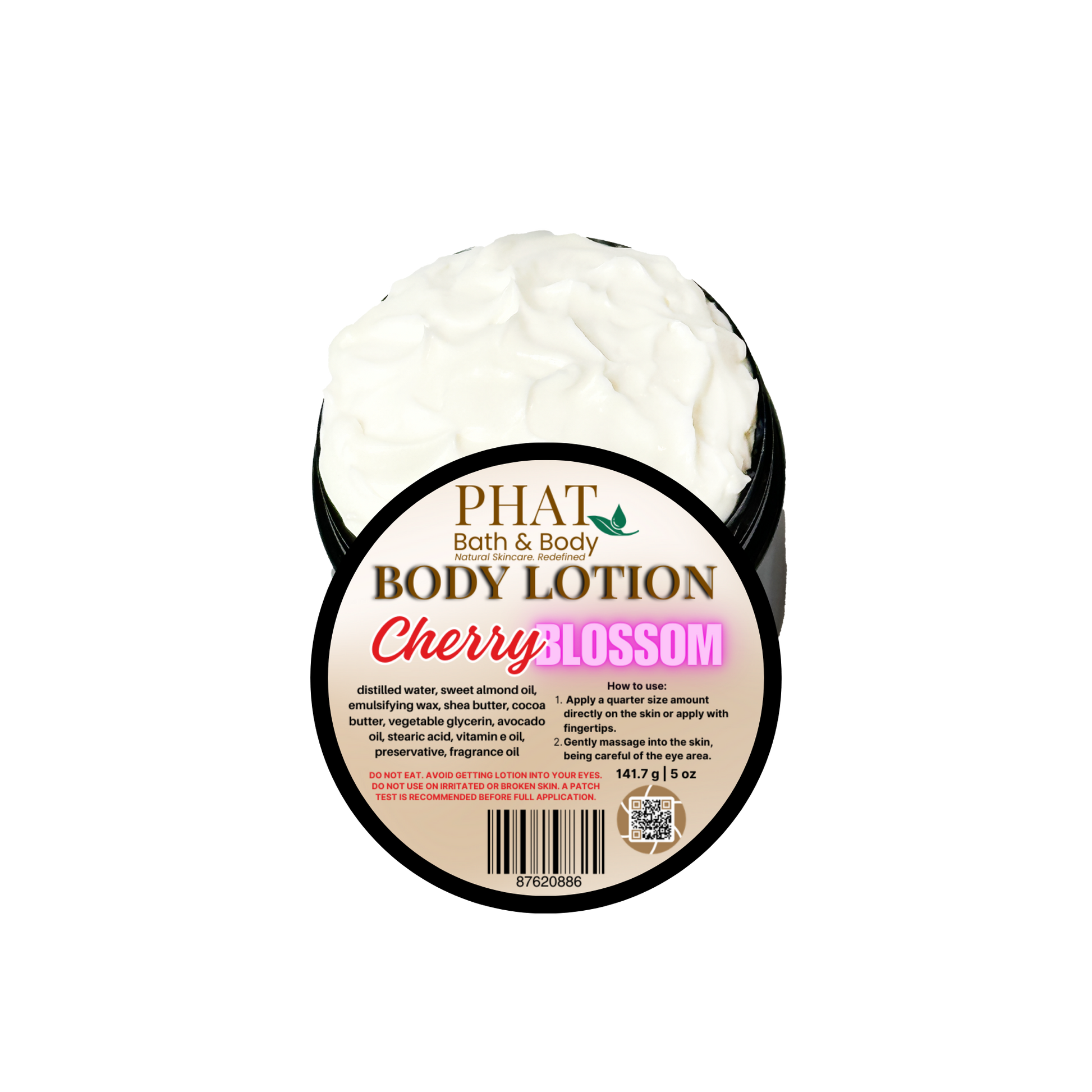Body lotion container labeled 'Cherry Blossom' by Phat Bath & Body on a white background