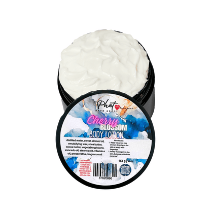 Body lotion container with cherry blossom design on the label