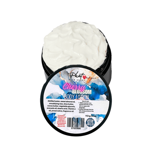 Body lotion container with cherry blossom design on the label