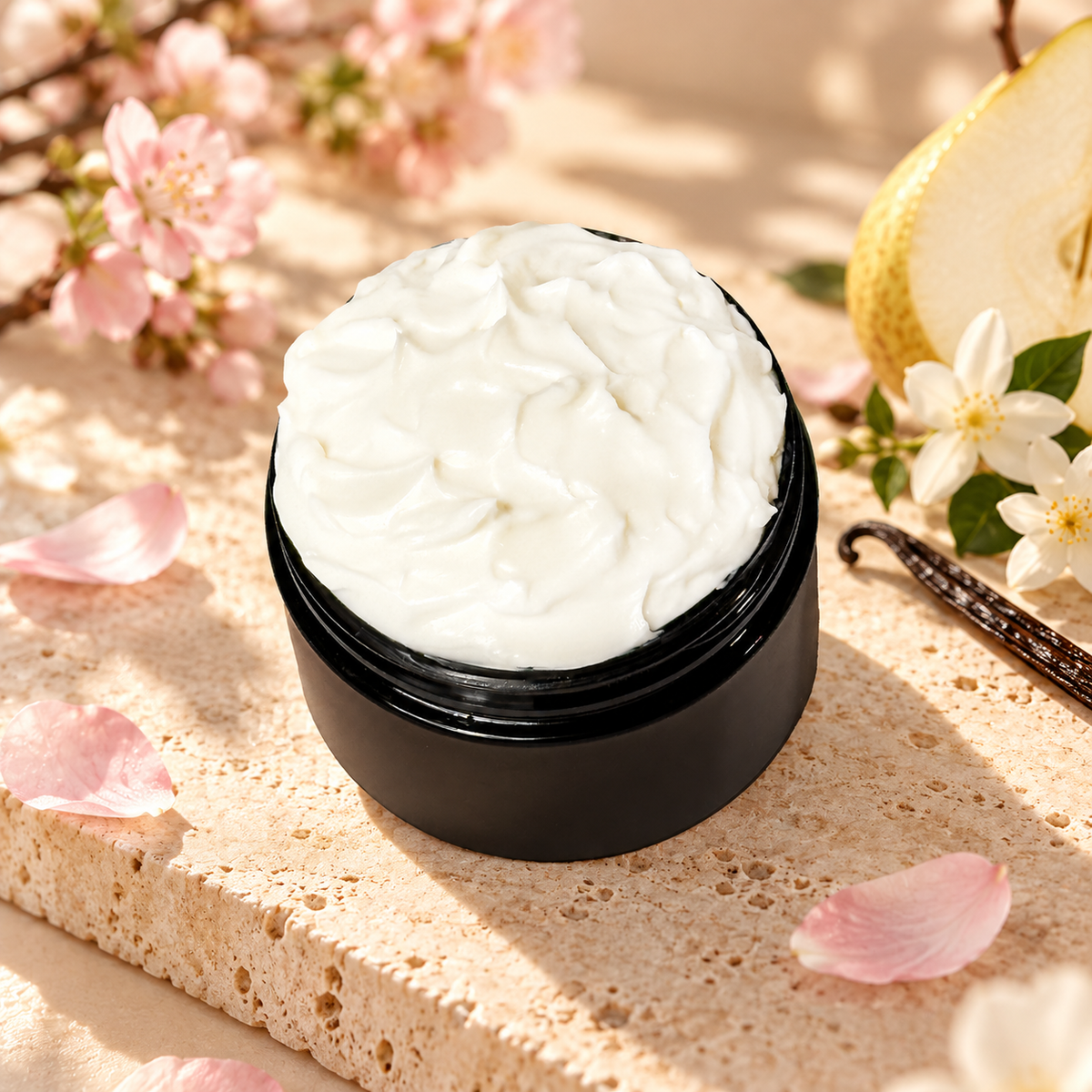 Open jar of Phat Bath & Body Cherry Blossom Body Lotion styled with pink cherry blossoms, pear, vanilla bean, white florals, and warm natural stone.