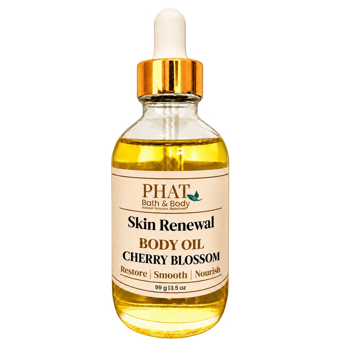 Phat Bath & Body Cherry Blossom Skin Renewal Body Oil, 3.5 oz golden body oil in a clear glass dropper bottle with a gold cap and cream label.