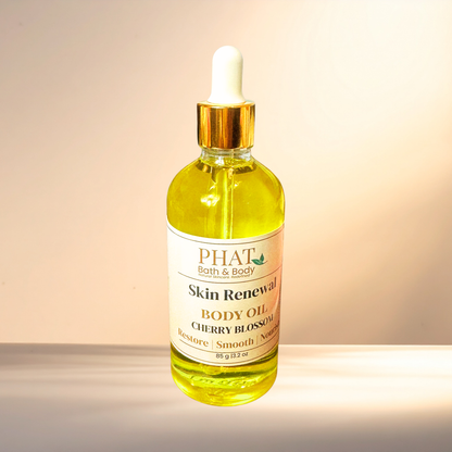 Bottle of PHAT Bath & Body Skin Renewal Body Oil on a gradient background