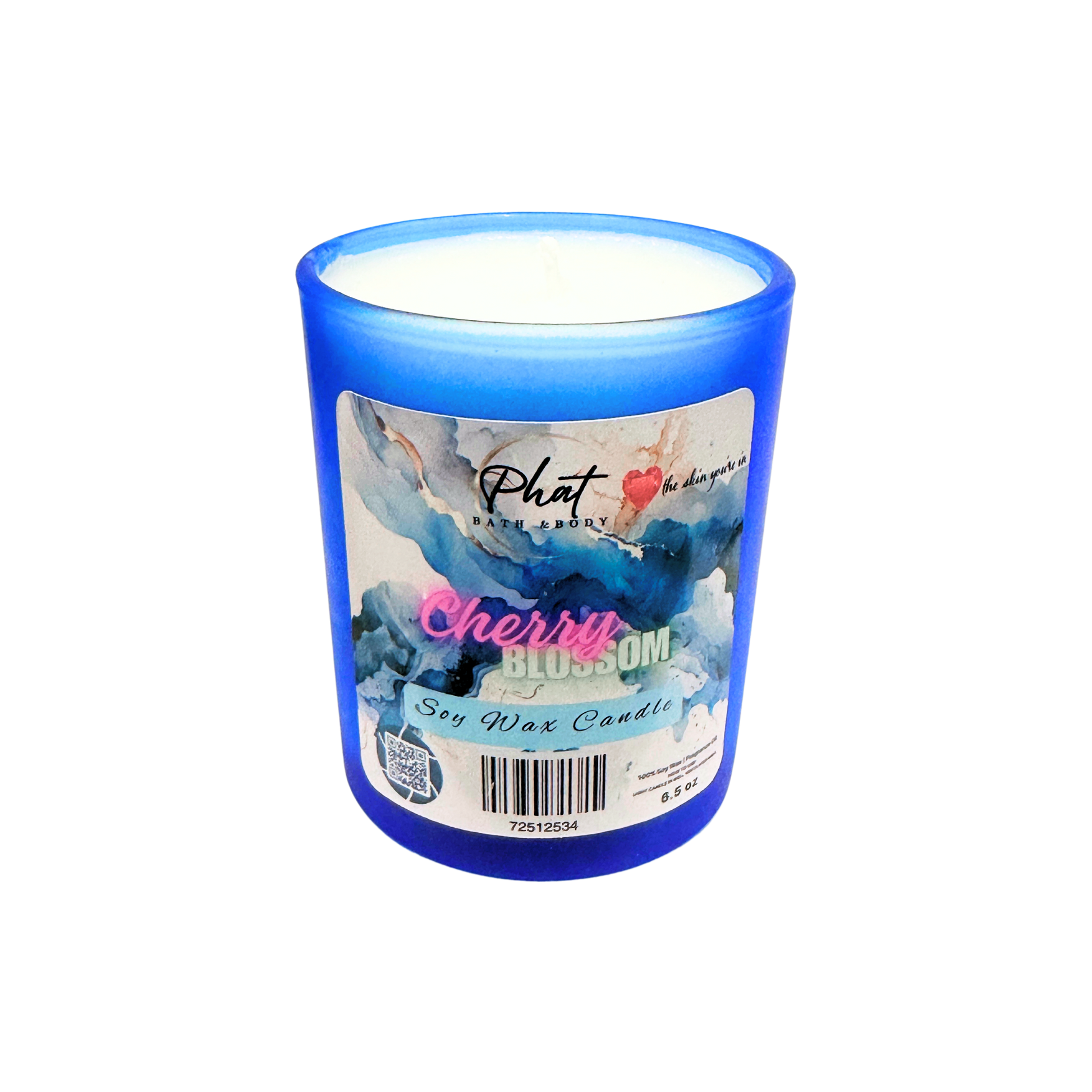 Blue candle with a label on a white background