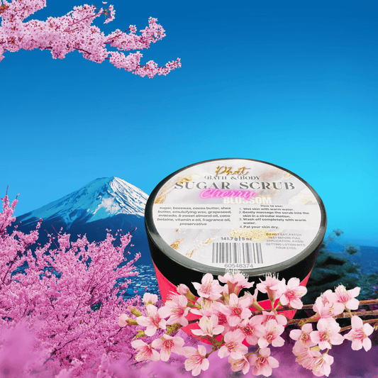 Jar of sugar scrub with cherry blossoms and Mount Fuji in the background