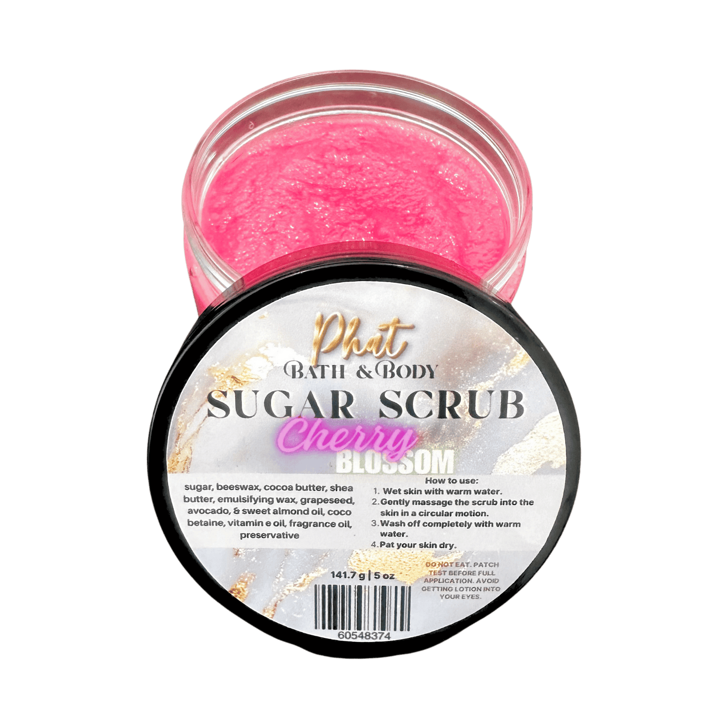 Jar of cherry blossom sugar scrub with Phat Bath & Body branding on a transparent background
