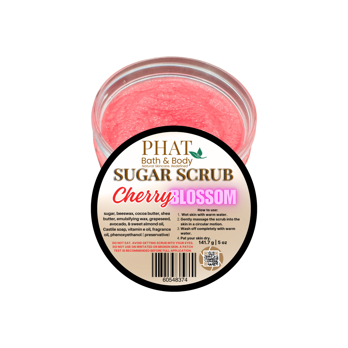Jar of cherry blossom sugar scrub with a label on a white background