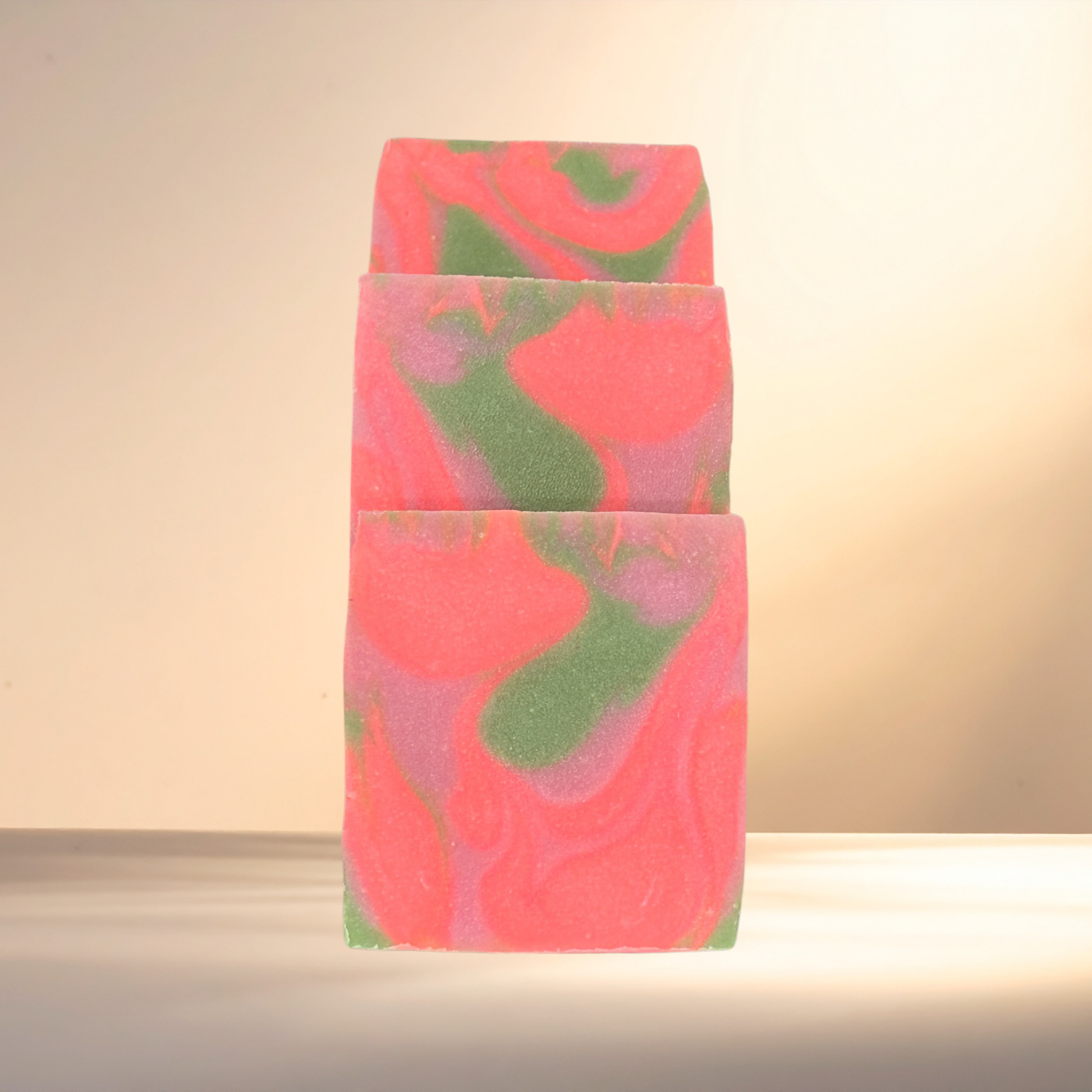 Colorful soap bar with pink and green swirls on a neutral background