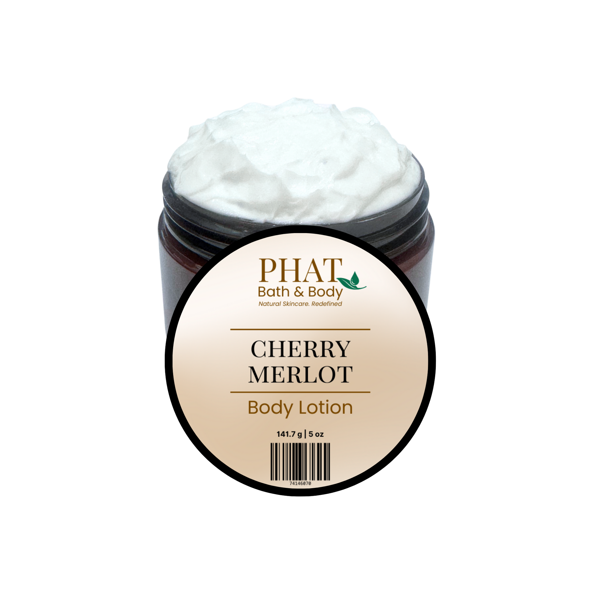 Jar of cherry merlot body lotion with 'Phat Bath & Body' label on a white background