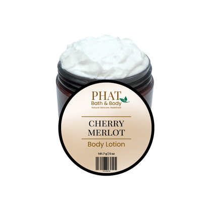 Jar of cherry merlot body lotion with 'Phat Bath & Body' label on a white background
