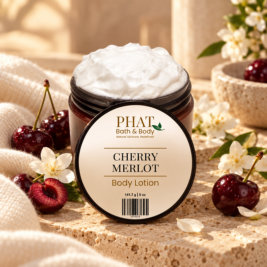 Phat Bath & Body Cherry Merlot 5 oz Body Lotion in an open jar with labeled lid, styled with dark cherries, white florals, soft neutral fabric, and warm natural stone.