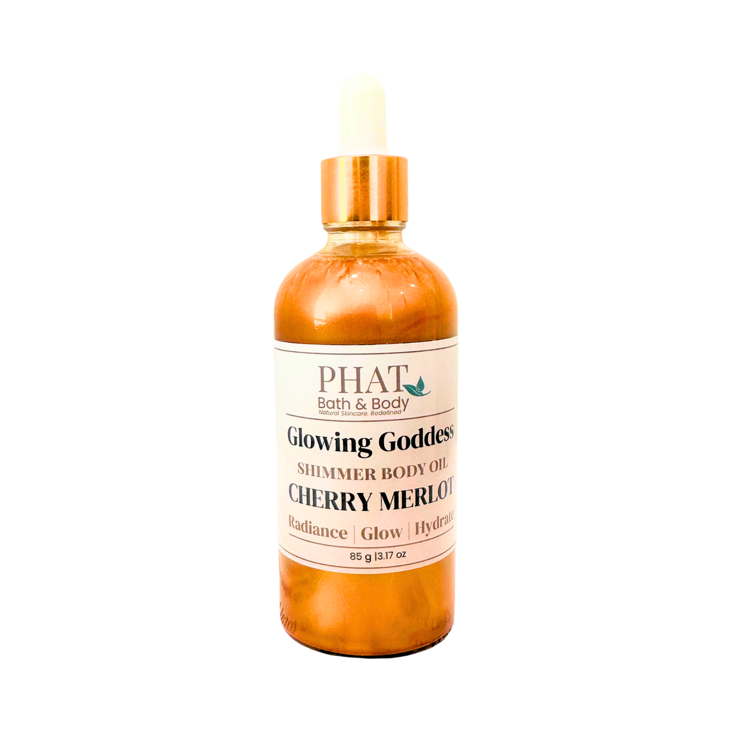 Bottle of 'Glowing Goddess' shimmer body oil by Phat Bath & Body on a white background
