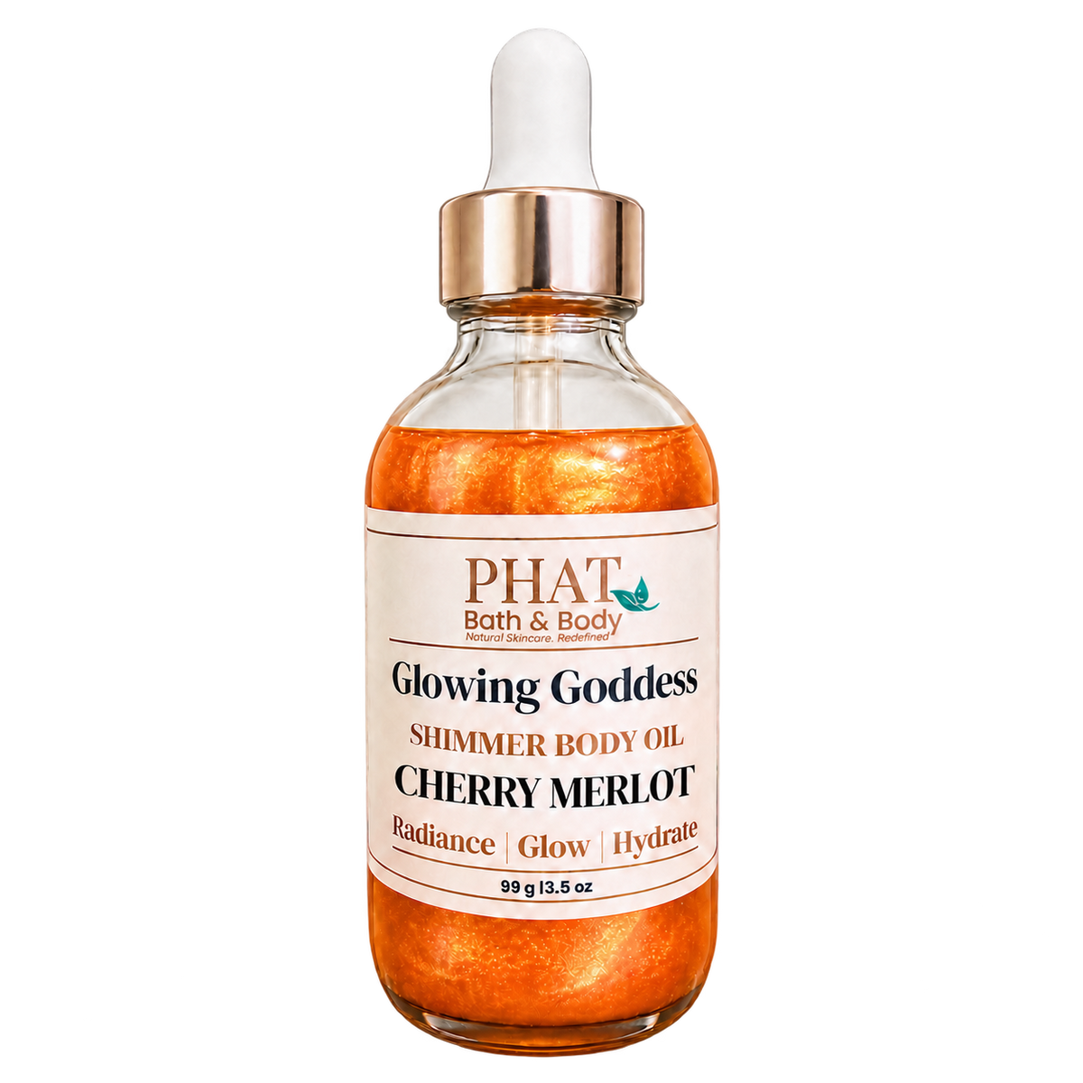 Phat Bath & Body Glowing Goddess Shimmer Body Oil in Cherry Merlot, 3.5 oz glass dropper bottle with orange-gold shimmer oil.