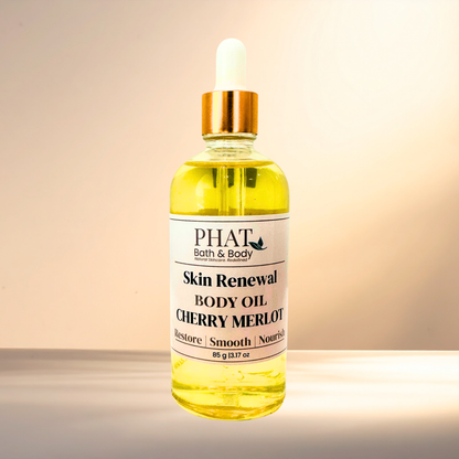 Bottle of Phat Bath & Body Skin Renewal Body Oil Cherry Merlot on a gradient background