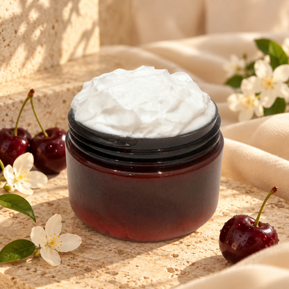 Open jar of Phat Bath & Body Cherry Merlot Body Lotion displayed with ripe dark cherries, delicate white flowers, soft fabric, and light natural stone.