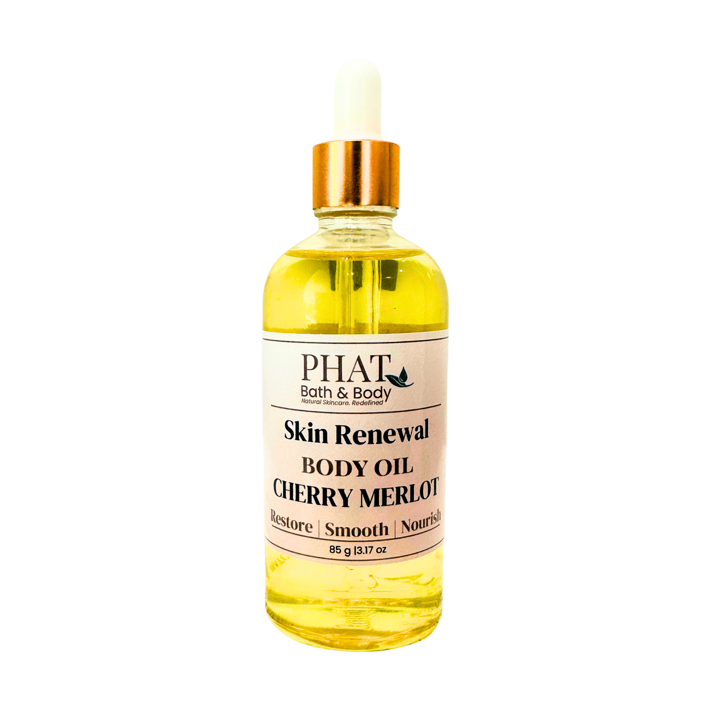 Bottle of Phat Bath & Body Skin Renewal Body Oil Cherry Merlot on a white background
