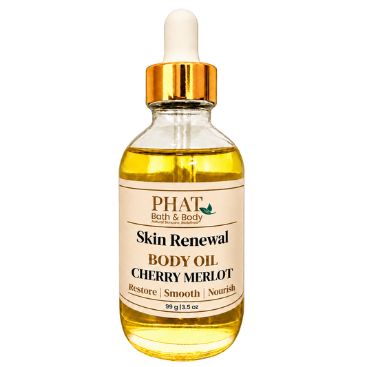 Phat Bath & Body Cherry Merlot Skin Renewal Body Oil, 3.5 oz golden body oil in a clear glass dropper bottle with a gold cap and cream label.