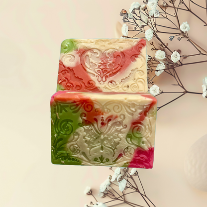 Decorative soap bar with floral patterns on a light background