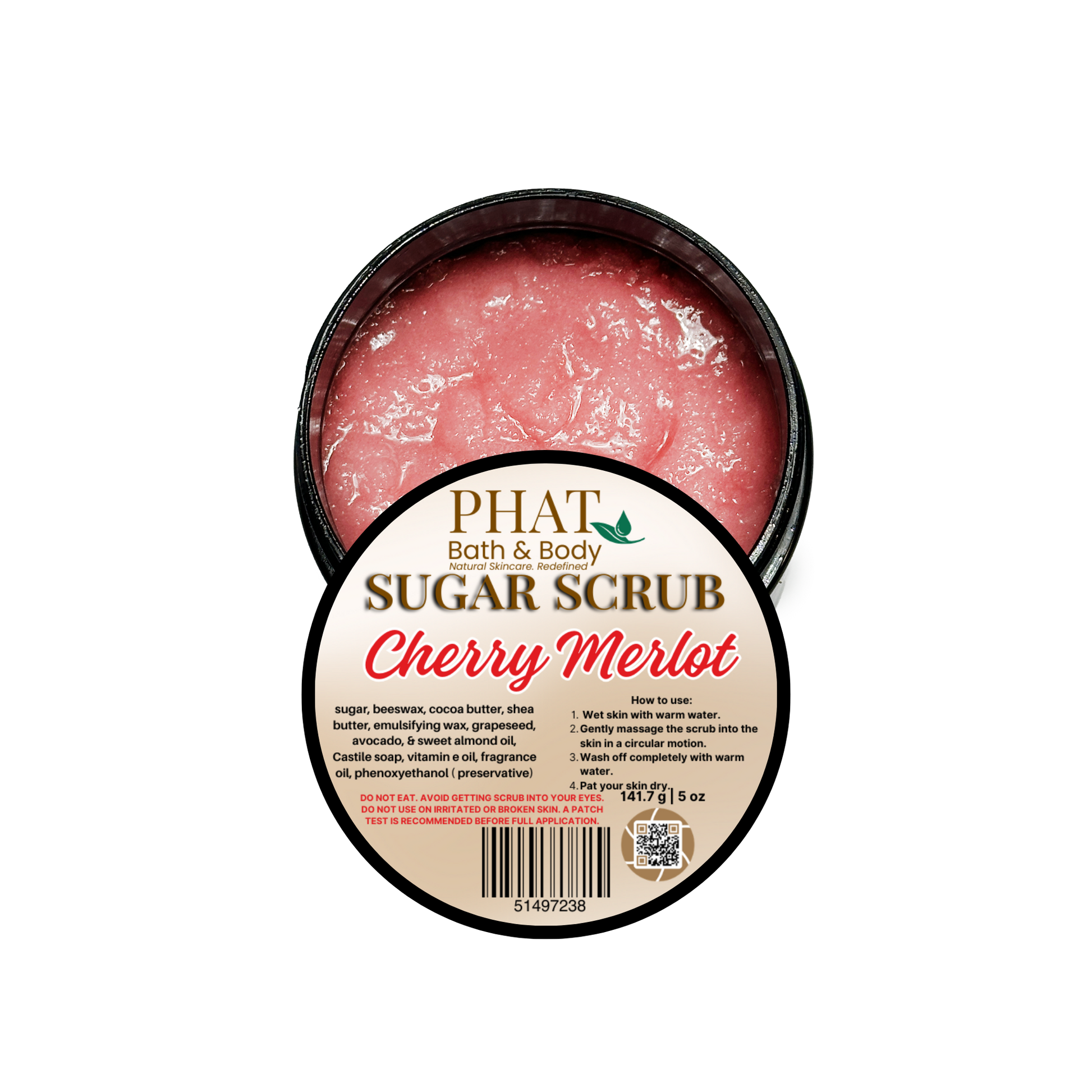 Jar of cherry merlot sugar scrub with a visible label on a white background