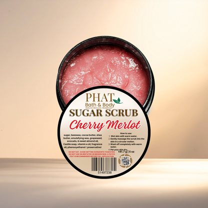 Jar of cherry merlot sugar scrub with 'Phat Bath & Body' label on a beige background