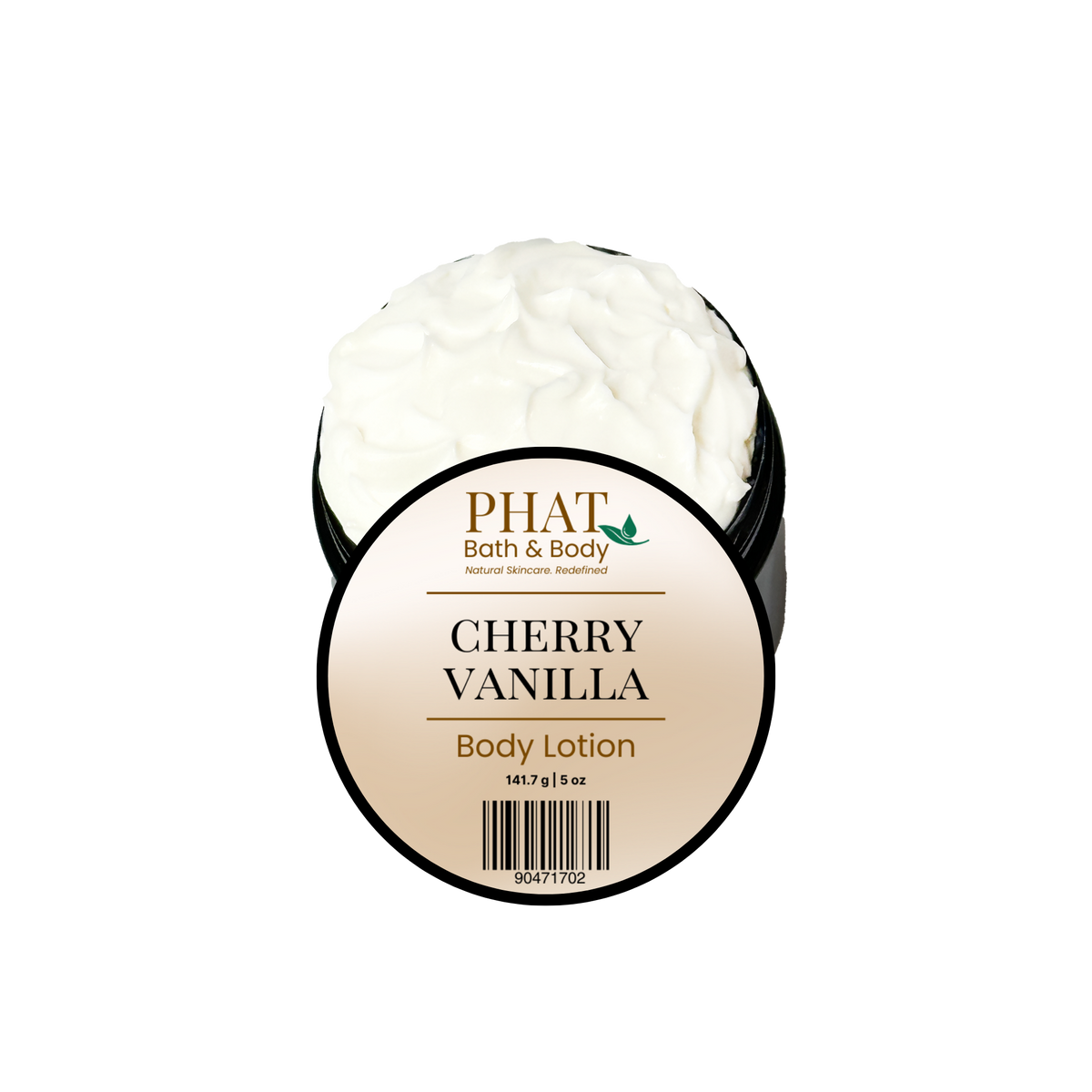 Phat Bath & Body Cherry Vanilla 5 oz Body Lotion in an open black jar with labeled lid and rich white moisturizing lotion.