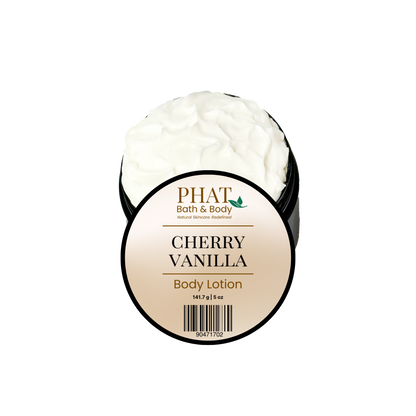 Phat Bath & Body Cherry Vanilla 5 oz Body Lotion in an open black jar with labeled lid and rich white moisturizing lotion.