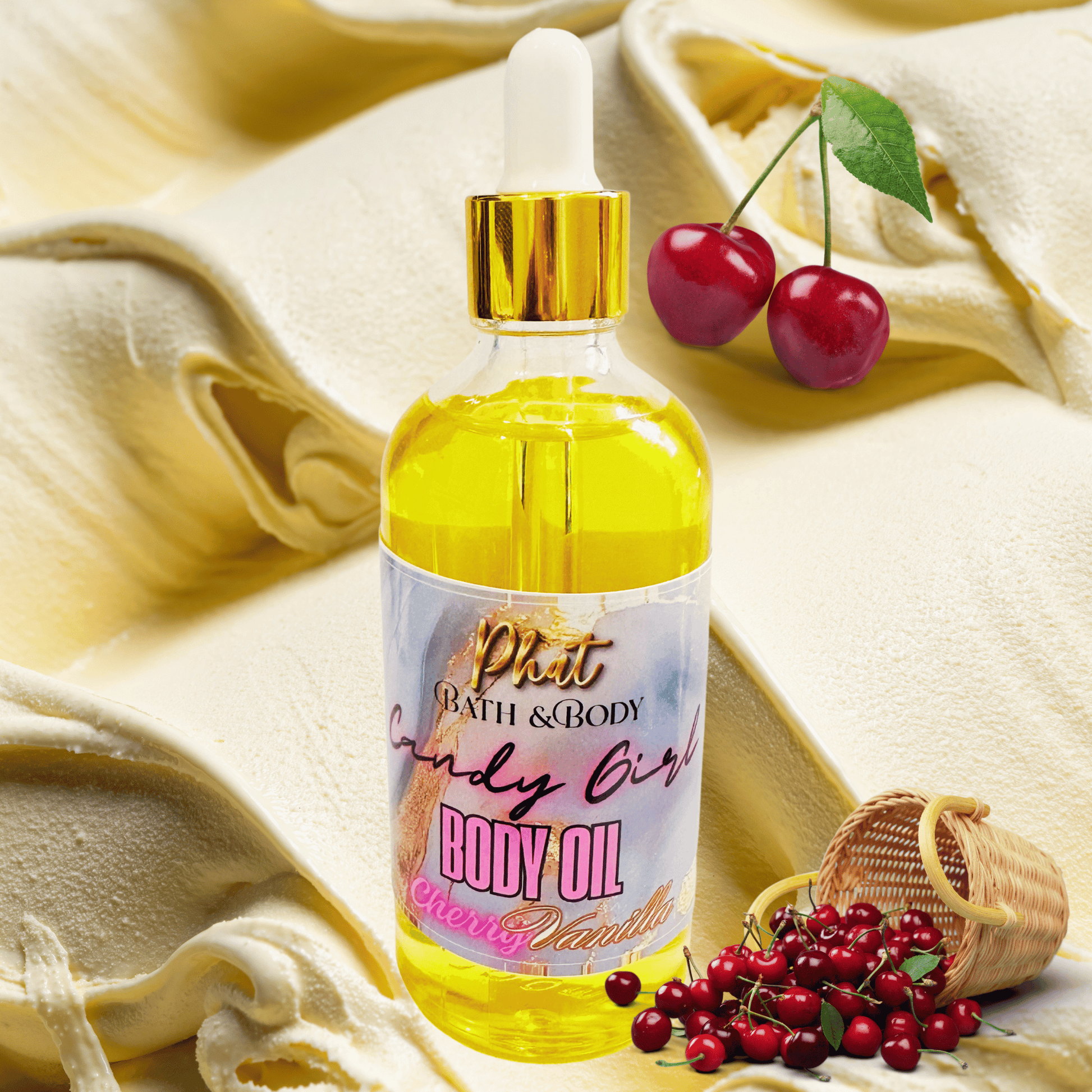 Bottle of body oil with cherry theme on a vanilla frosting background