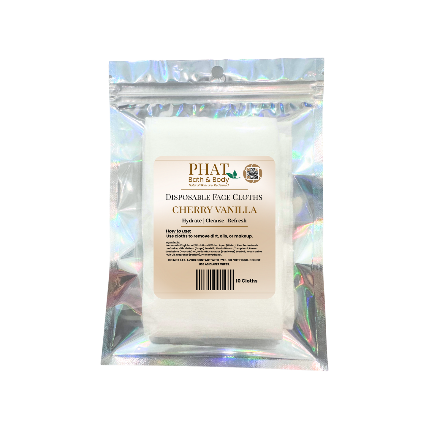 Pack of disposable face cloths with 'Phat Bath & Body' branding on a white background