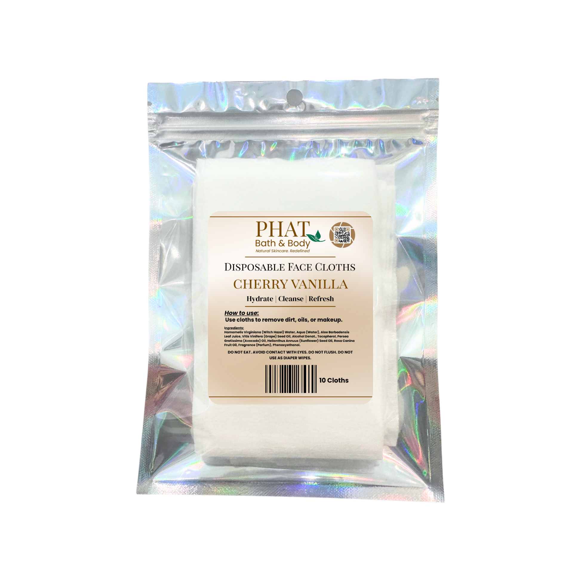 Pack of disposable face cloths with 'Phat Bath & Body' branding on a white background