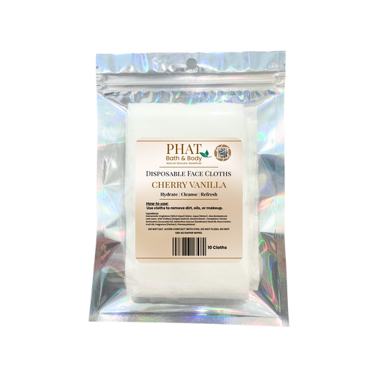 Pack of disposable face cloths with 'Phat Bath & Body' branding on a white background