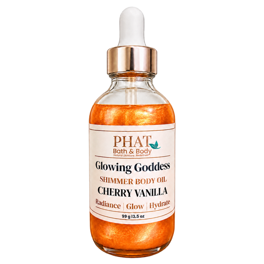 Phat Bath & Body Glowing Goddess Shimmer Body Oil in Cherry Vanilla, 3.5 oz glass dropper bottle with warm golden shimmer.