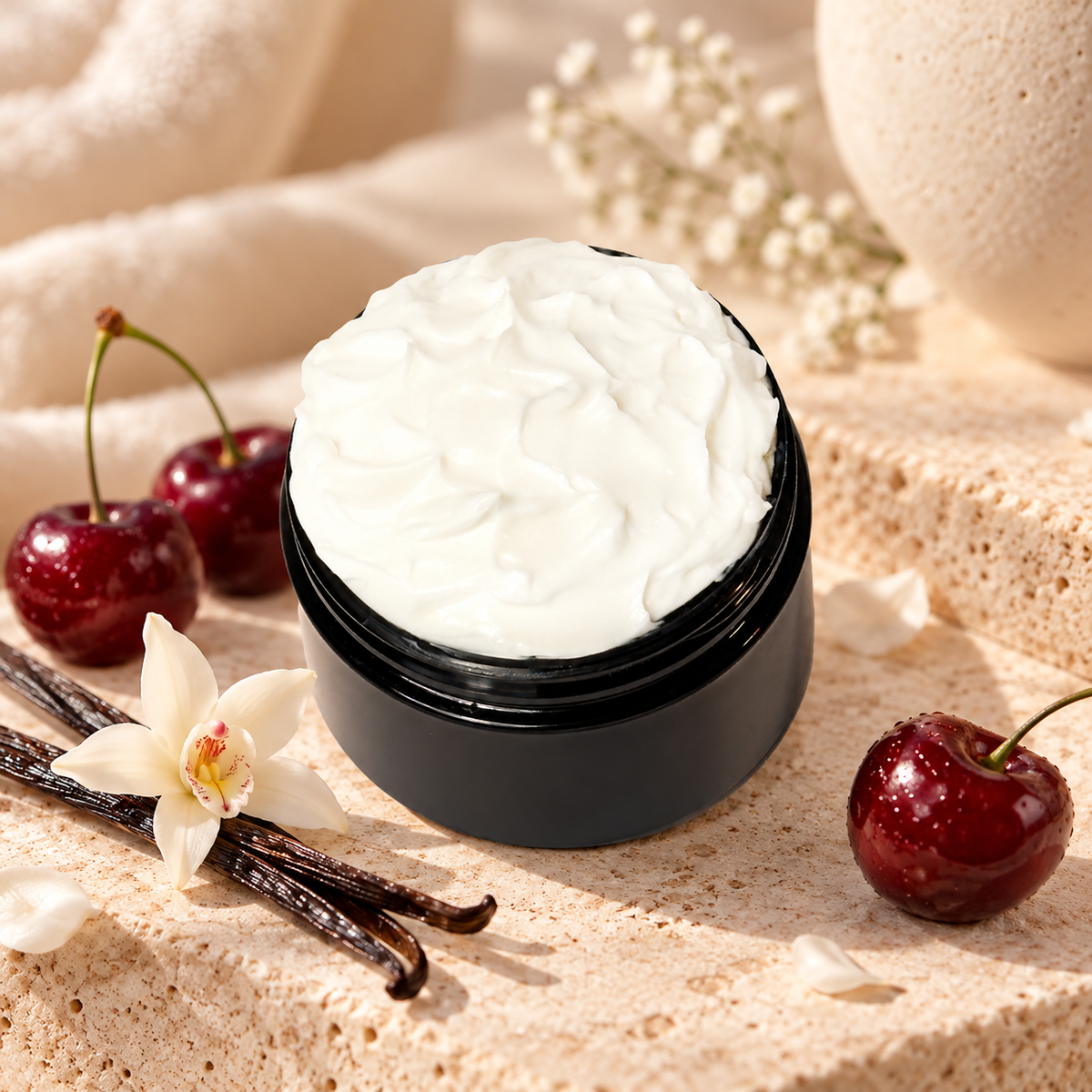Open jar of Phat Bath & Body Cherry Vanilla Body Lotion displayed with dark red cherries, vanilla beans, white flowers, and light natural stone.