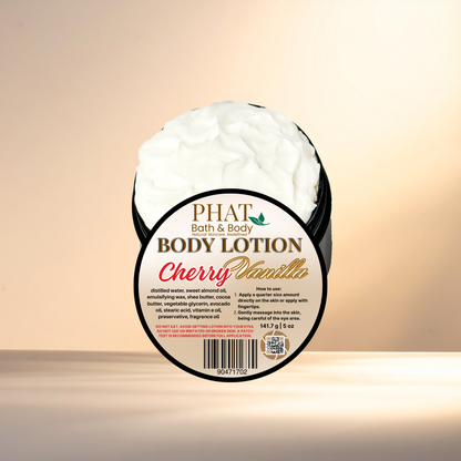Body lotion container labeled 'Cherry Vanilla' by Phat Bath & Body on a beige background