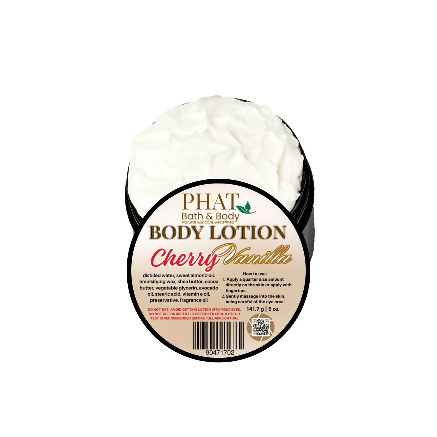 Body lotion container labeled 'Cherry Vanilla' by Phat Bath & Body on a white background