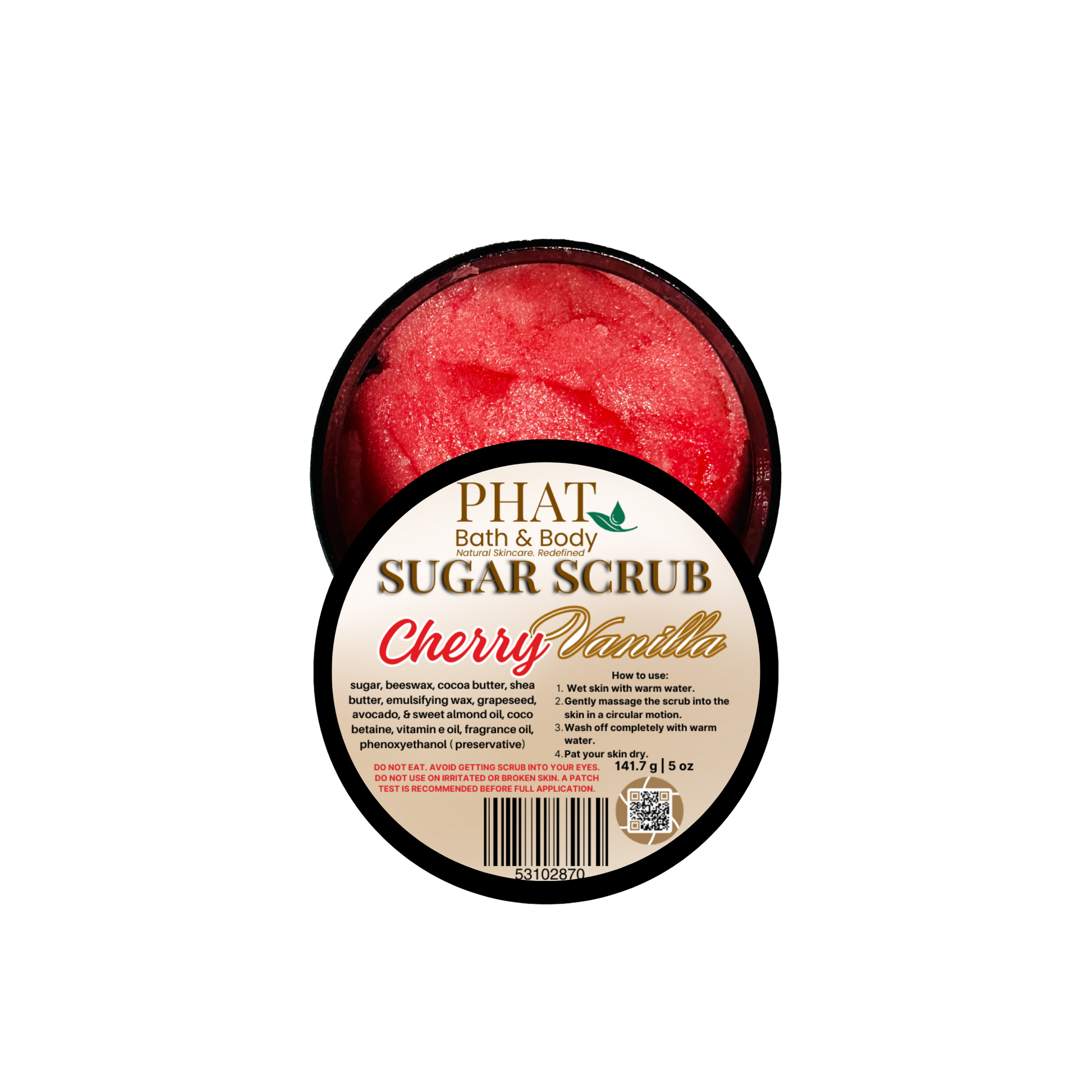 Cherry Vanilla sugar scrub container with visible brand name on a white background