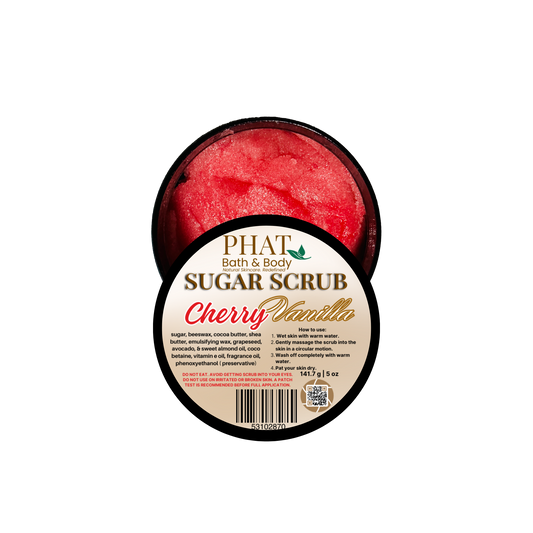 Cherry Vanilla sugar scrub container with visible brand name on a white background
