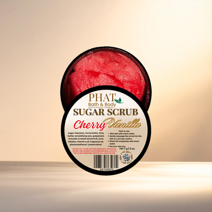 Container of cherry vanilla sugar scrub with 'Phat Bath & Body' branding on a beige background