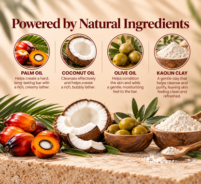 Natural handmade clay soap ingredient guide featuring palm oil for a firm, long-lasting bar and creamy lather, coconut oil for cleansing and bubbly lather, olive oil for skin conditioning, and kaolin clay for gentle cleansing and a refreshed skin feel.