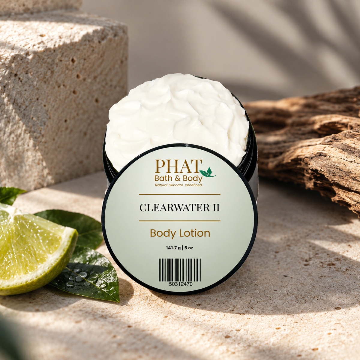 Clearwater II Men’s Body Lotion displayed with fresh citrus, smooth stone, warm driftwood, and a clean sunlit coastal setting.