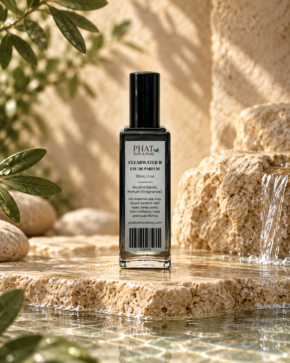 Back label of the Clearwater II men’s Eau de Parfum bottle in a fresh themed setting.