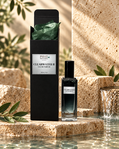 Clearwater II men’s Eau de Parfum bottle with black gift box and green tissue in a fresh luxury setting.