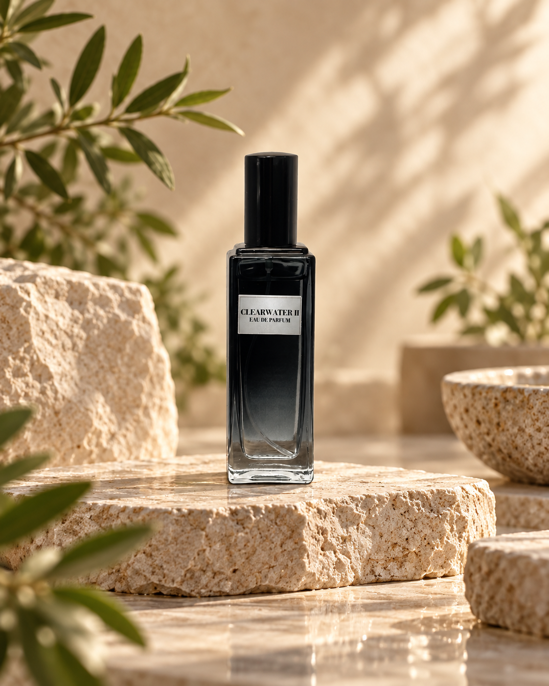 Clearwater II men’s Eau de Parfum bottle styled in a fresh luxury Phat Bath & Body setting.