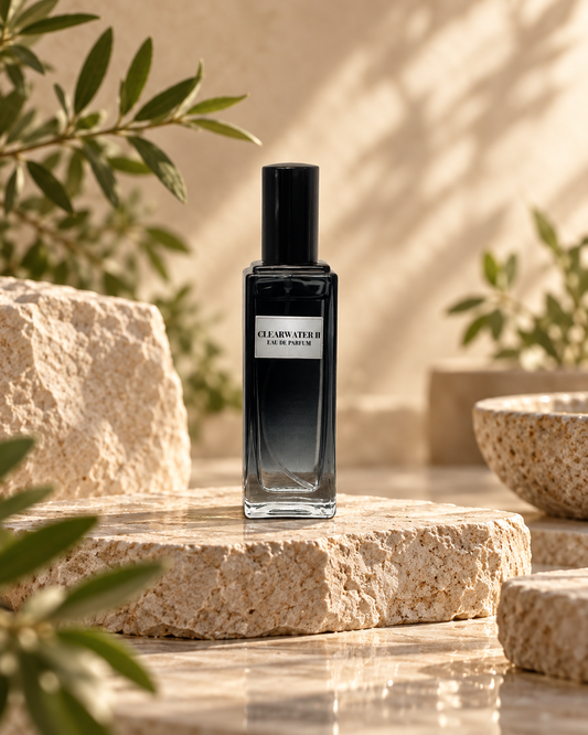 Clearwater II men’s Eau de Parfum bottle styled in a fresh luxury Phat Bath & Body setting.